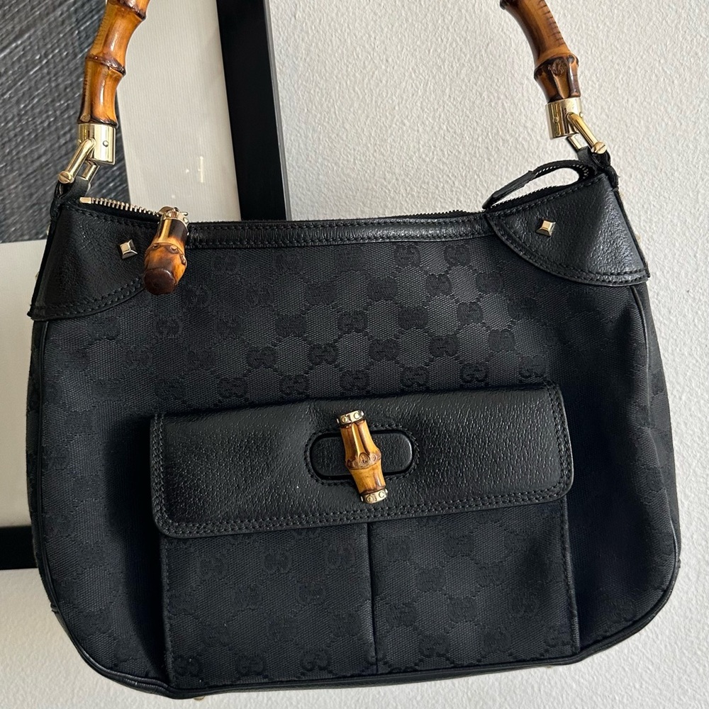 Gucci Black Shoulder Bag with Bamboo Accents